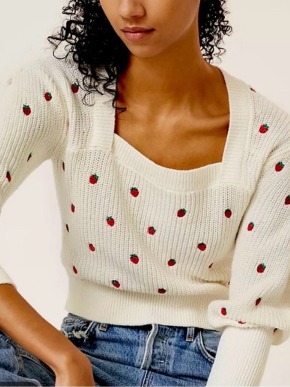 Maeve Cream Square-Neck Sweater with Red Strawberry Embroidery New no Tags